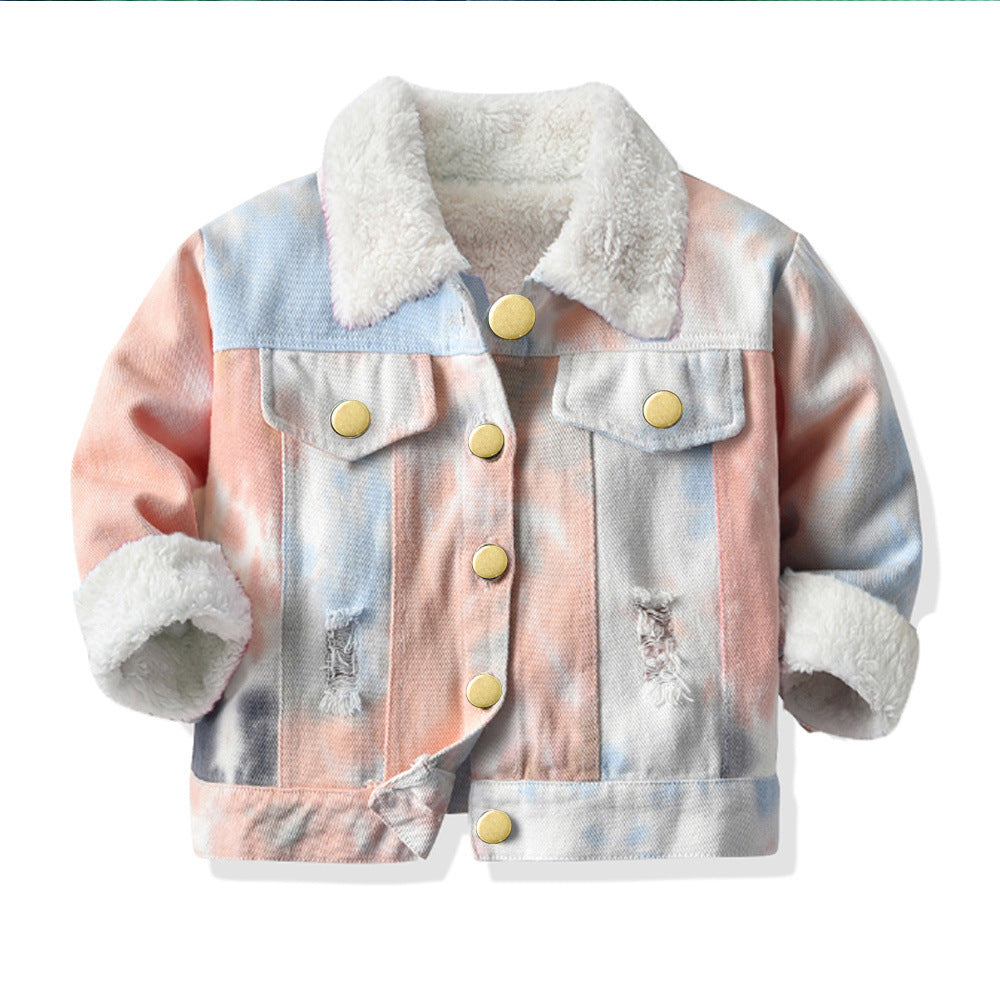 New arrivalkids winter outweargirlk-style tie-dye thick imitation cashmerelapel baby denim fleece-lined cotton jacket