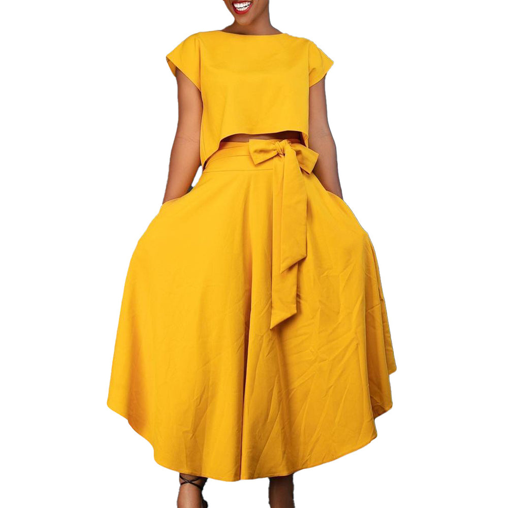 D3205 european and american plus size women's clothing  new fashionable and elegant casual top and flared midi skirt foreign trade set