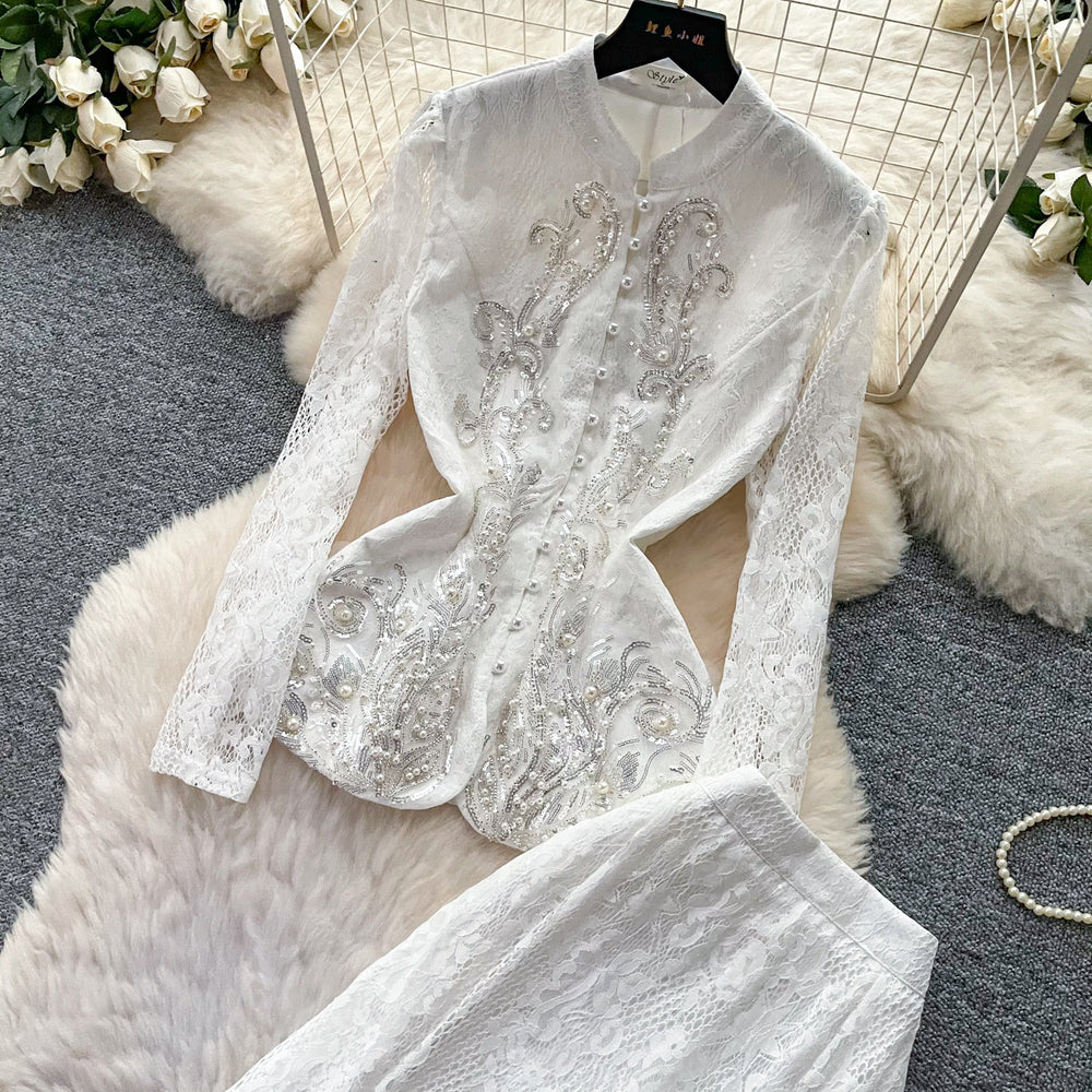 French chic beaded v-neck lace two-piece set - women's spring/autumn tie-waist cutout high-end slim fit outfit