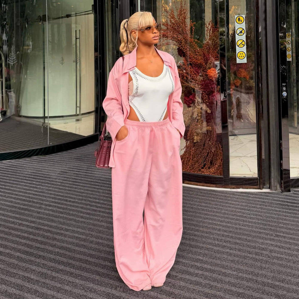 European and american cross-border women's clothing  summer new arrival: elegant casual loose fit turn-down collar long sleeve shirt and wide leg pants set