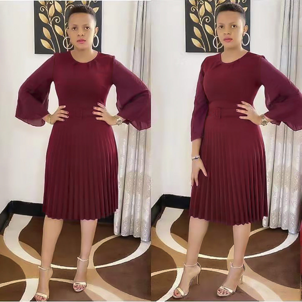 Aliexpress  new long sleeve midi solid color dress african women's plus size pleated skirt with belt