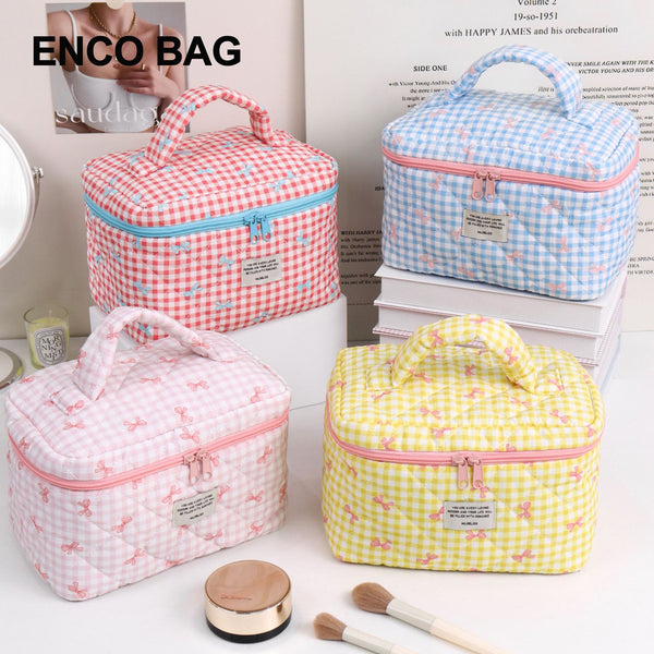 Cross-border hot sale plaid bow cute cosmetic bag large capacity high-end storage bag girls toilet bag pencil bag