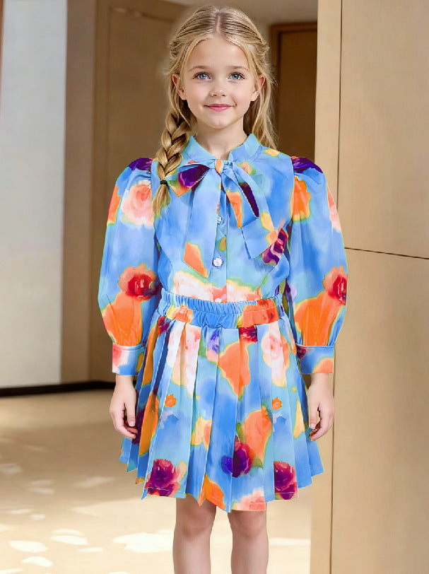 new girls' chiffon printed set: long-sleeve blouse + pleated skirt two-piece outfit