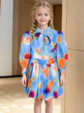 new girls' chiffon printed set: long-sleeve blouse + pleated skirt two-piece outfit