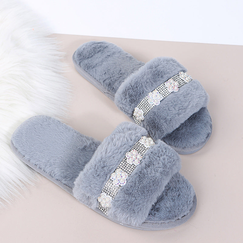 autumn and winter new arrivalk-style imitation rabbit stuffed fish mouth flower cotton slippers soft bottom home pure color cotton slippers dropshipping