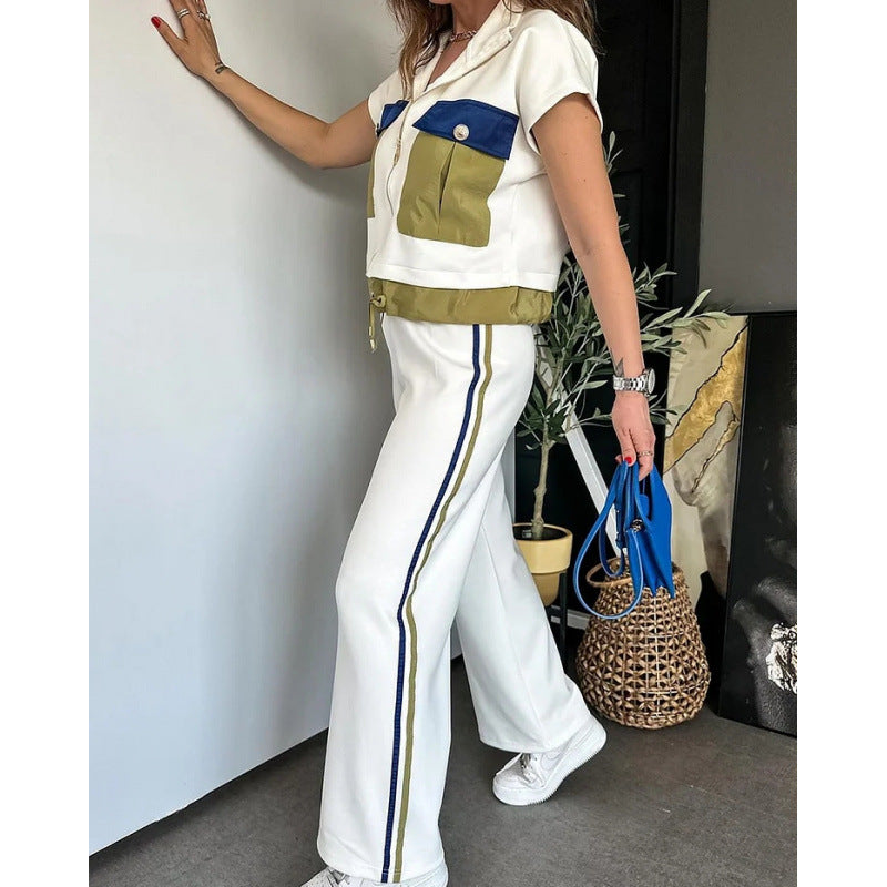 cross-border fashion zip-up top and pants color block two-piece set plus size outerwear