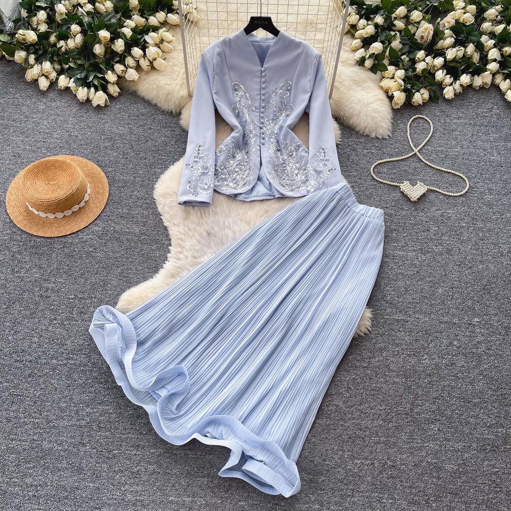 French chic v-neck embroidered jacket & high-waisted pleated skirt two-piece set - elegant & luxurious for spring/autumn