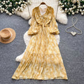 French-inspired v-neck lantern sleeve printed dress - spring floral korean style, slimming a-line maxi dress