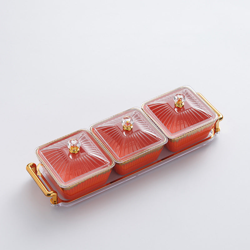 New arrival cream style dried fruit box for home ceramic divided dried fruit plate high-looking gold-rimmed snack plate living room candy plate