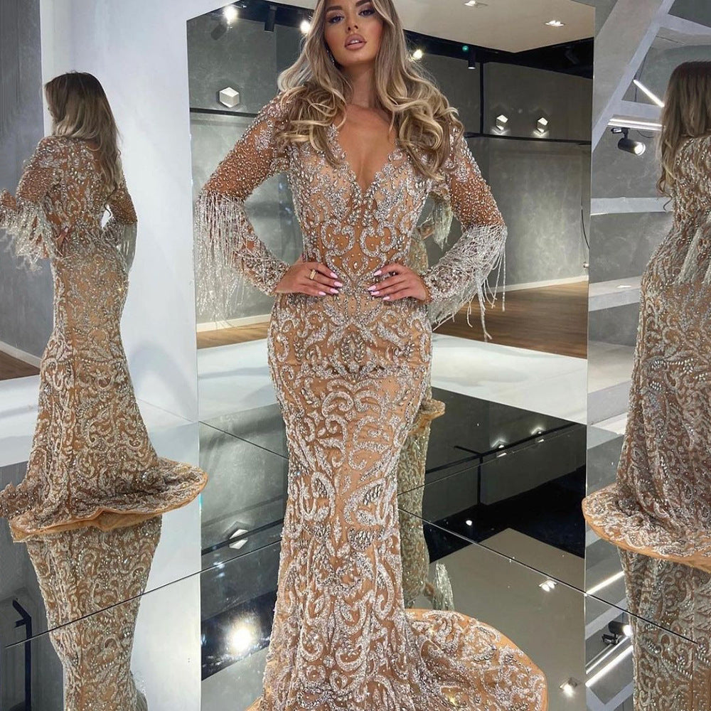 2025 spring new arrivals: european & american style women's evening gown - mermaid tail, gold-drizzled tassels, elegant & sexy long dress