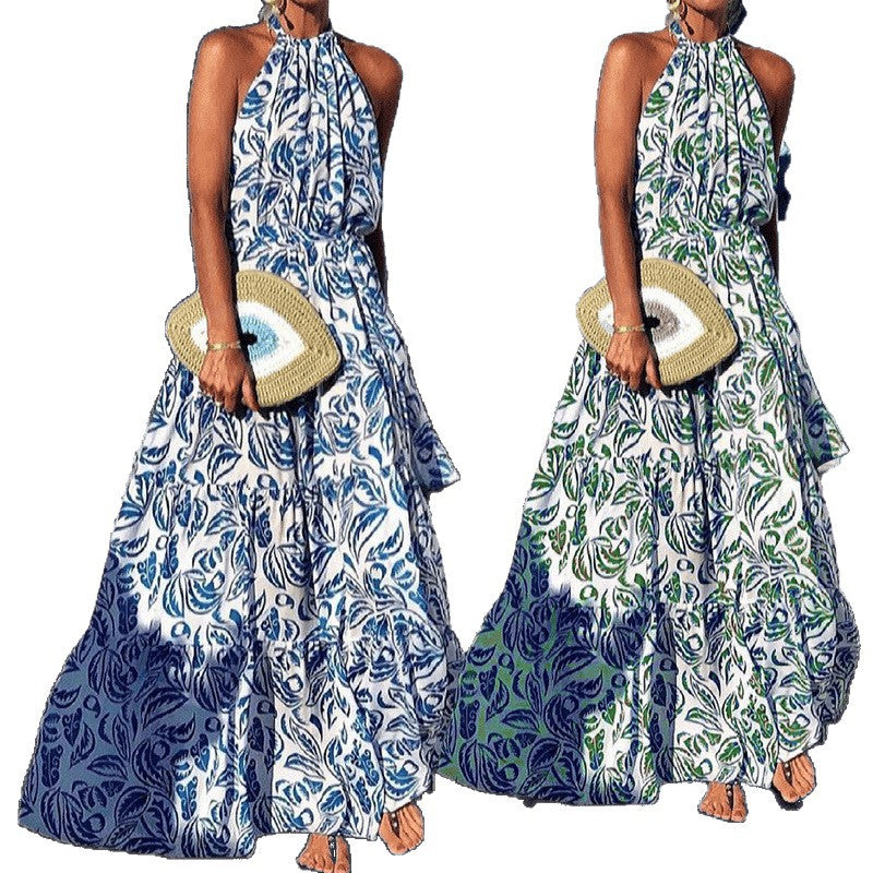Ready-to-ship  summer new arrival: cross-border women's fashion sleeveless midi halter neck vacation print dress