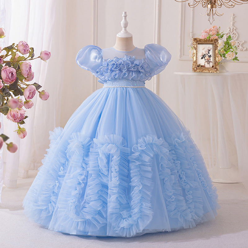Ready-to-ship girls' evening gown long tulle dress flower girl wedding dress birthday party piano recital sweet elegant princess dress