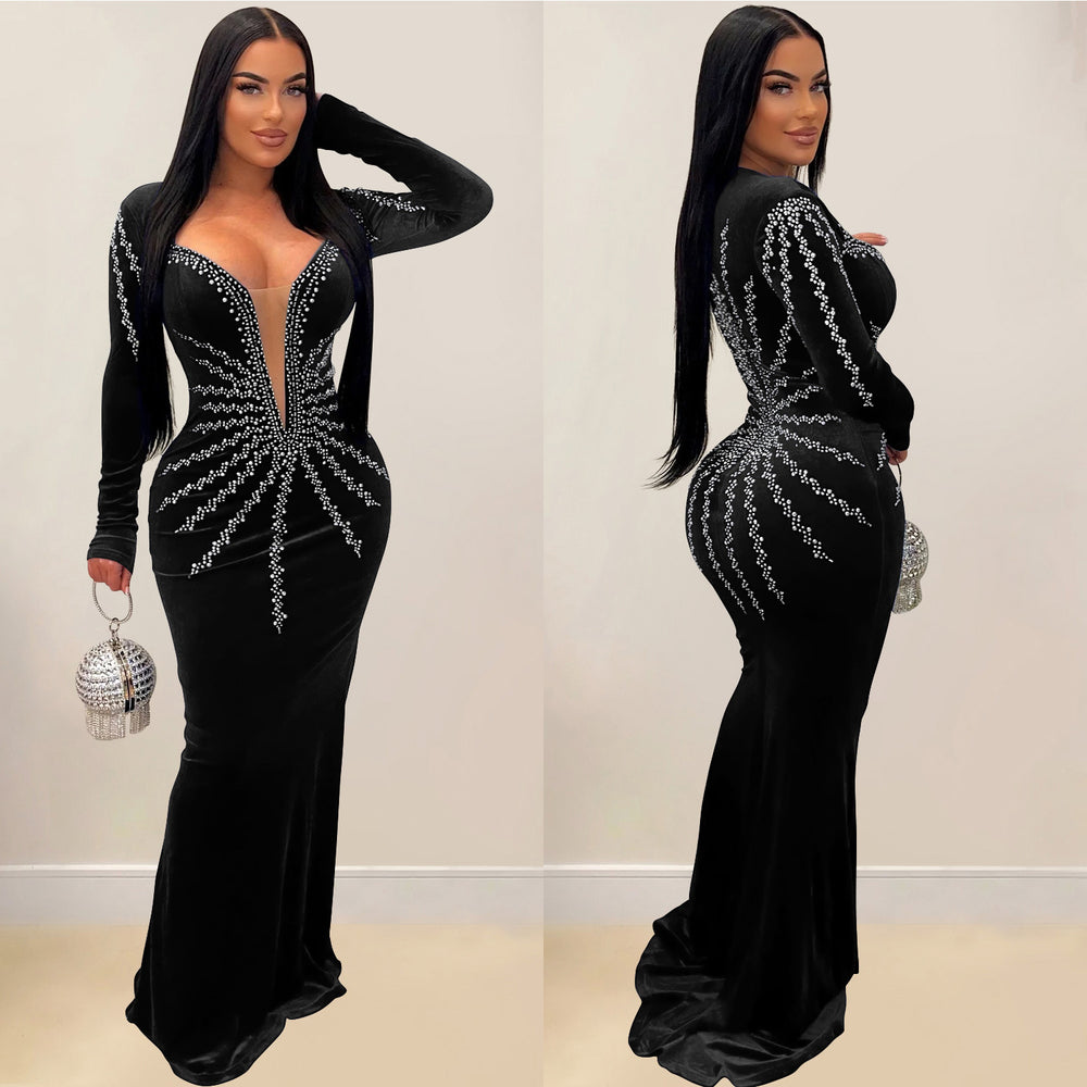 C6827 cross-border   fashion women's solid color sexy rhinestone long sleeve maxi dress