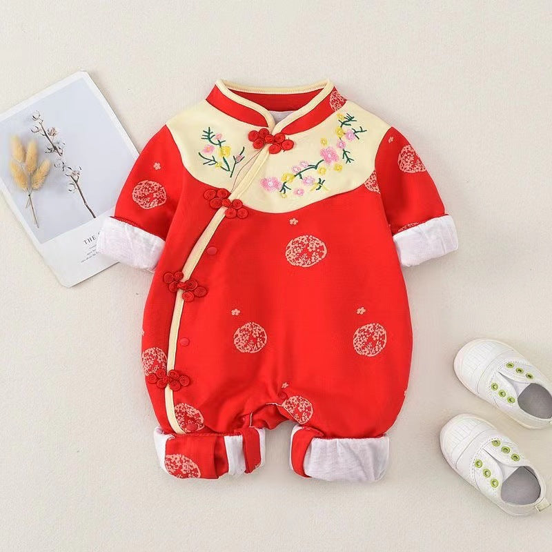 Infant and toddler clothing, spring and autumn baby girl rompers, chinese style full moon princess outing, fashionable side-breasted one-piece khaki