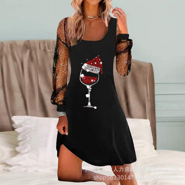 WMM5274 Independent Station  Autumn New Women's Clothing Christmas Wine Glass Printed Pullover Long Sleeve Dress
