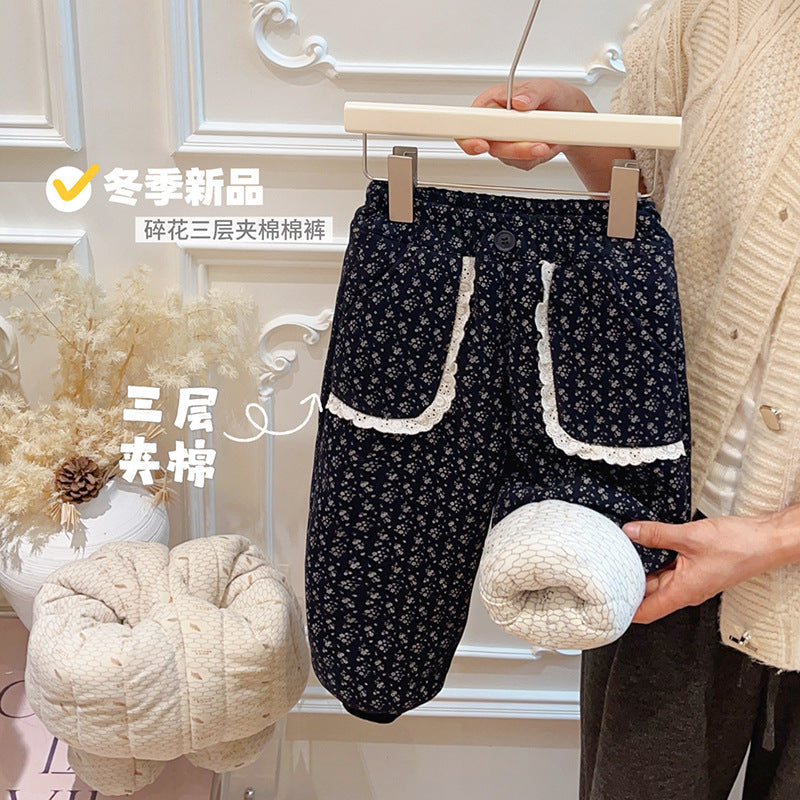Autumn/winter girls' trendy triple-layer quilted padded pants, korean style outerwear for baby girls, kids' casual children's clothing