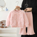 Girls' sweater set - new autumn/winter korean style baby girl solid color fuzzy beaded cardigan knit pants two-piece outfit