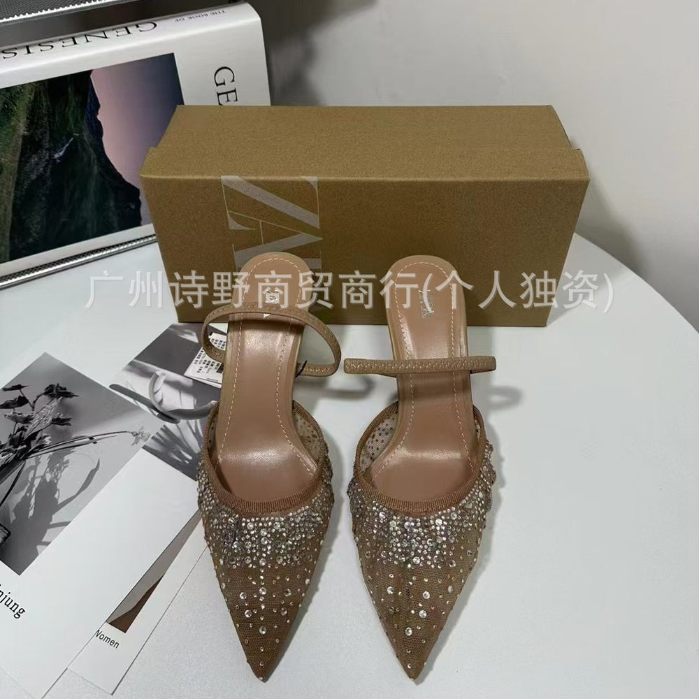 Summer new arrivals 2024: french pointed-toe high heels - mesh, rhinestone-embellished, low-cut, slingback, open-back stiletto sandals for women