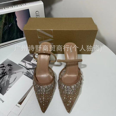 Summer new arrivals 2024: french pointed-toe high heels - mesh, rhinestone-embellished, low-cut, slingback, open-back stiletto sandals for women