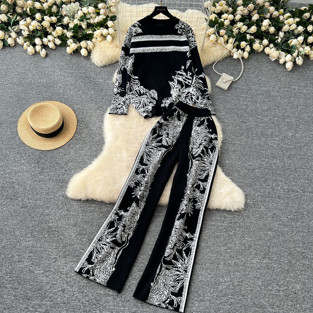 European and american style women's fashion set: chic and versatile round neck long sleeve jacquard knit sweater top with high-waisted casual wide-leg pants