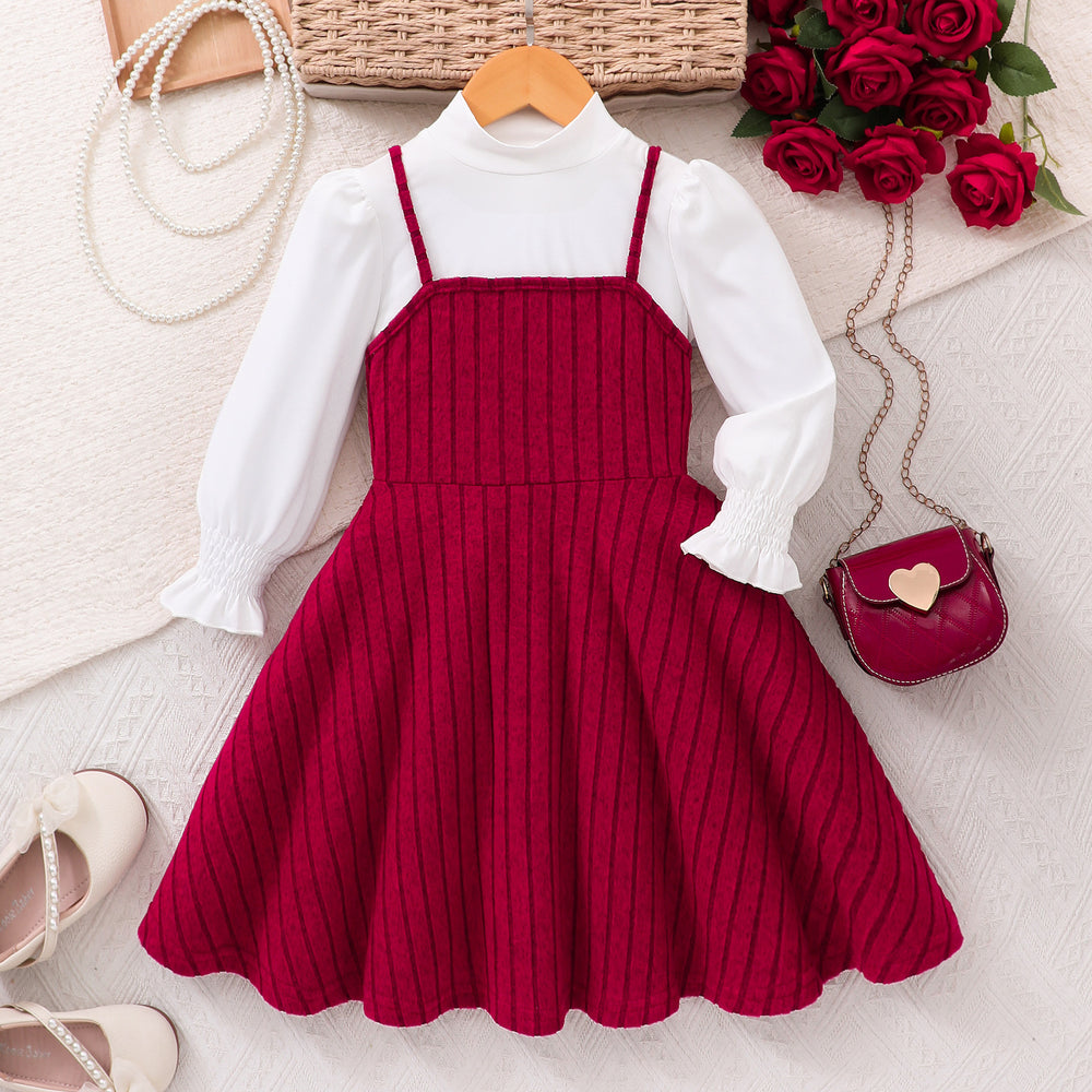 Two-piece set for young girls (middle school age): high-neck, flared long-sleeve top and corset-style camisole dress