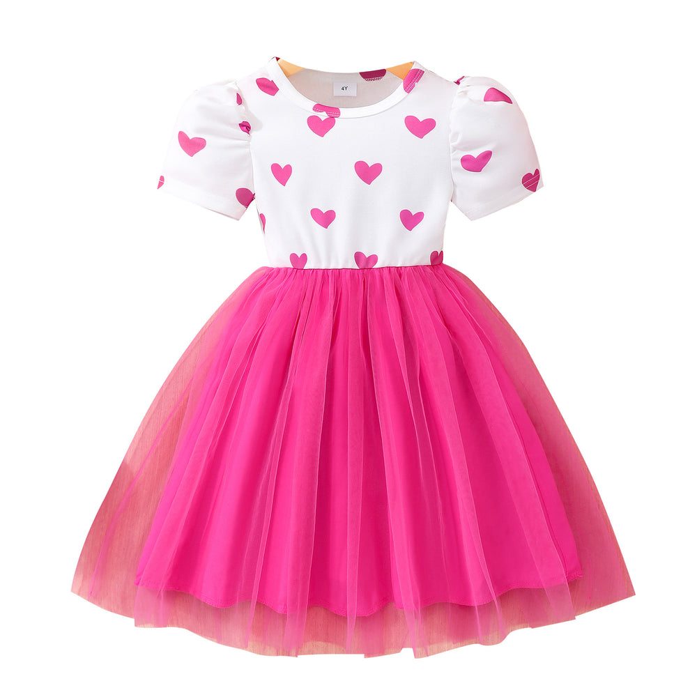 Kids' heart print short-sleeve mesh dress