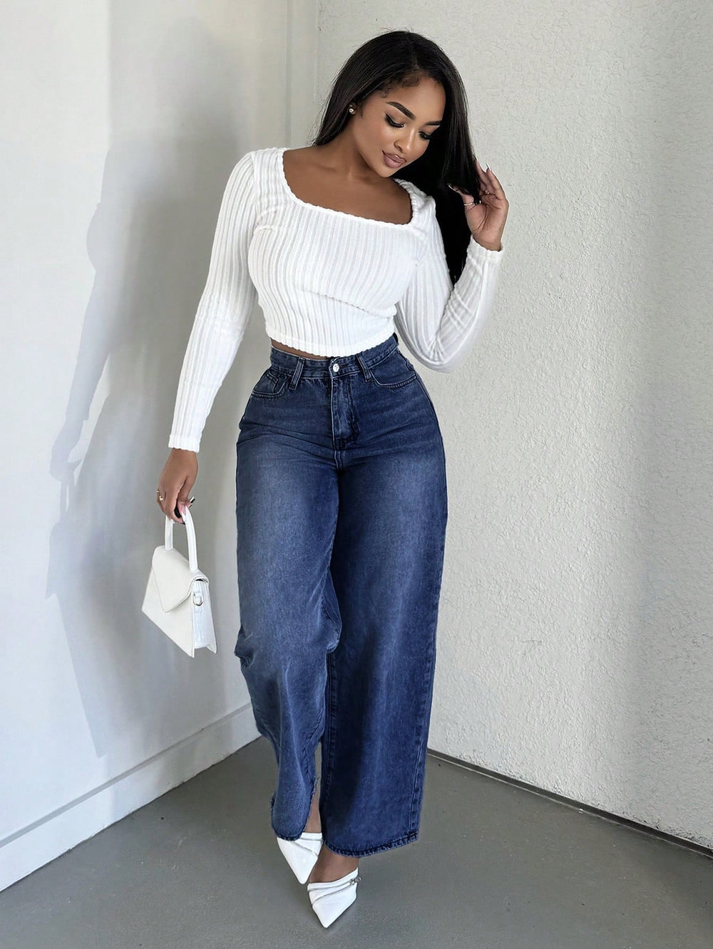 European and american style women's washed high-waisted wide-leg jeans - casual, loose-fit, cropped straight-leg denim pants