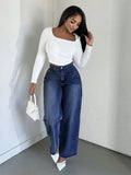 European and american style women's washed high-waisted wide-leg jeans - casual, loose-fit, cropped straight-leg denim pants