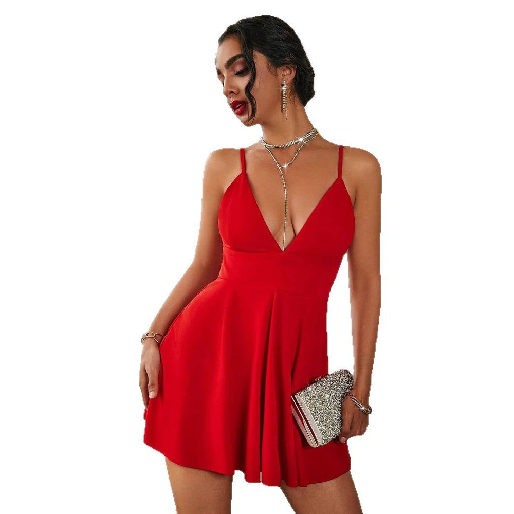 fashion cross-border a-line dress - solid color, sexy deep v-neck, spaghetti strap dress