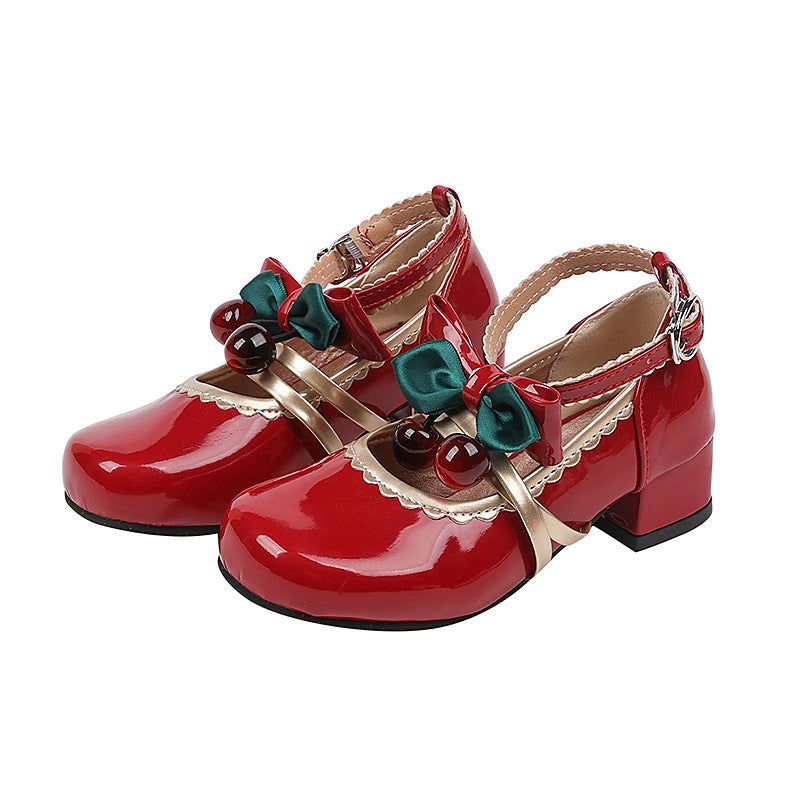 Vancahao kids chunky heel round toe mary jane leather shoes  new girls' cute bow princess shoes