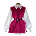 Autumn/winter korean chic socialite style lantern sleeve loose mid-length white shirt knitted vest two-piece set