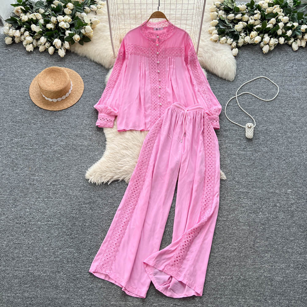 French court style chic lace patchwork pearl button lantern sleeve blouse and high-waisted wide leg casual pants set