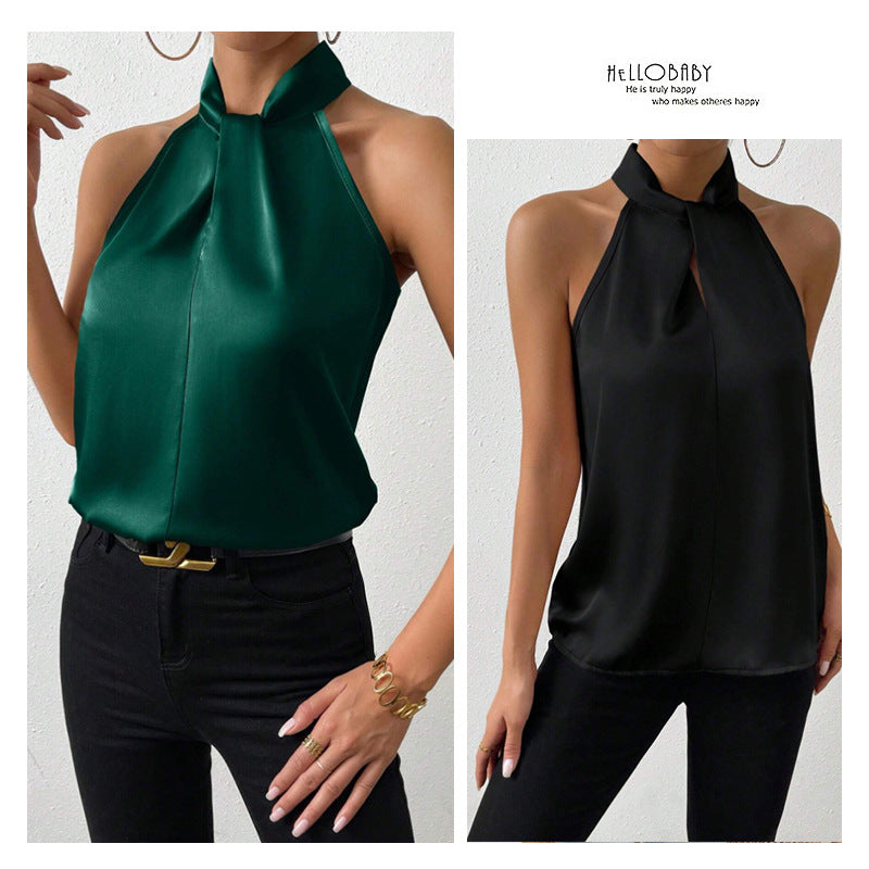 summer new arrivals: european and american style satin halter neck sleeveless tank top, faux silk satin top - ready stock wholesale