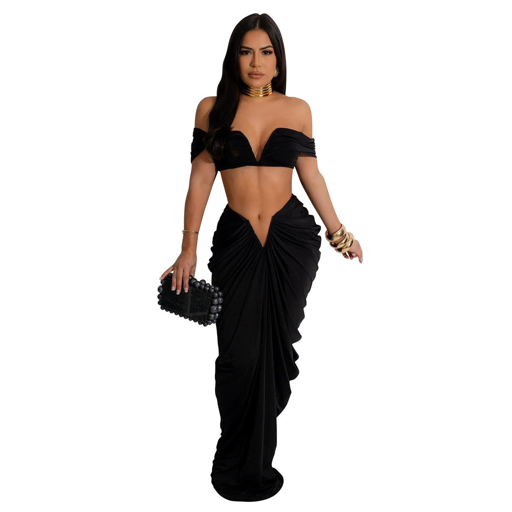C6822 cross-border   fashion women's solid color sexy bandeau pleated skirt two-piece set