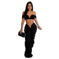 C6822 cross-border   fashion women's solid color sexy bandeau pleated skirt two-piece set