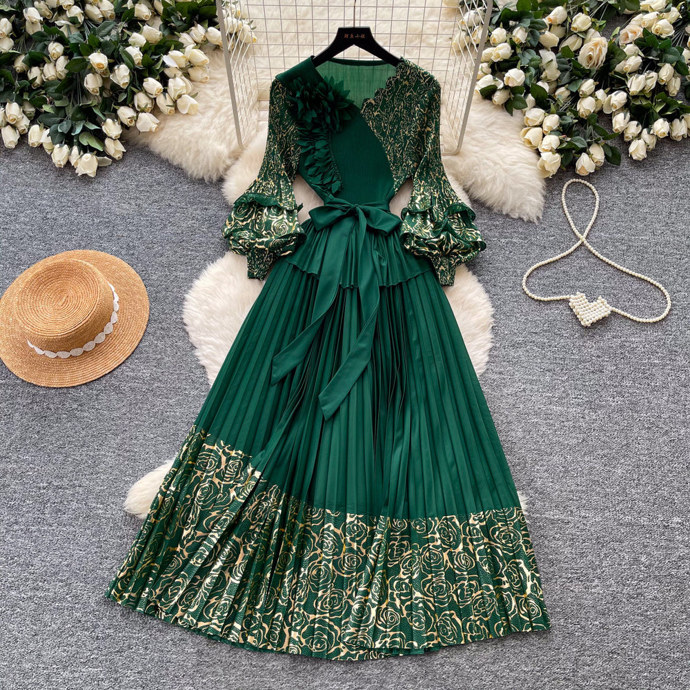 Dopamine yellow lantern sleeve french a-line dress - women's spring v-neck waist-cinching pleated maxi dress - high-end elegant style