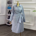 European and american women's clothing  autumn new sweet and fresh striped turn-down collar long sleeve tie-waist maxi dress
