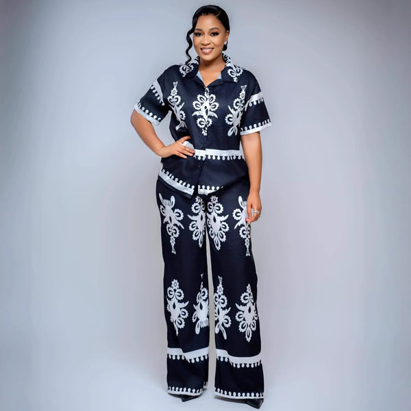 European and American large-size women's clothing short-sleeved lapel positioning printed cardigan shirt African loose foreign style high waist trousers set