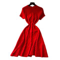 Korean style red knitted high-end dress - women's summer short sleeve high-waisted a-line dress - commute-friendly, slimming, and exudes sophistication