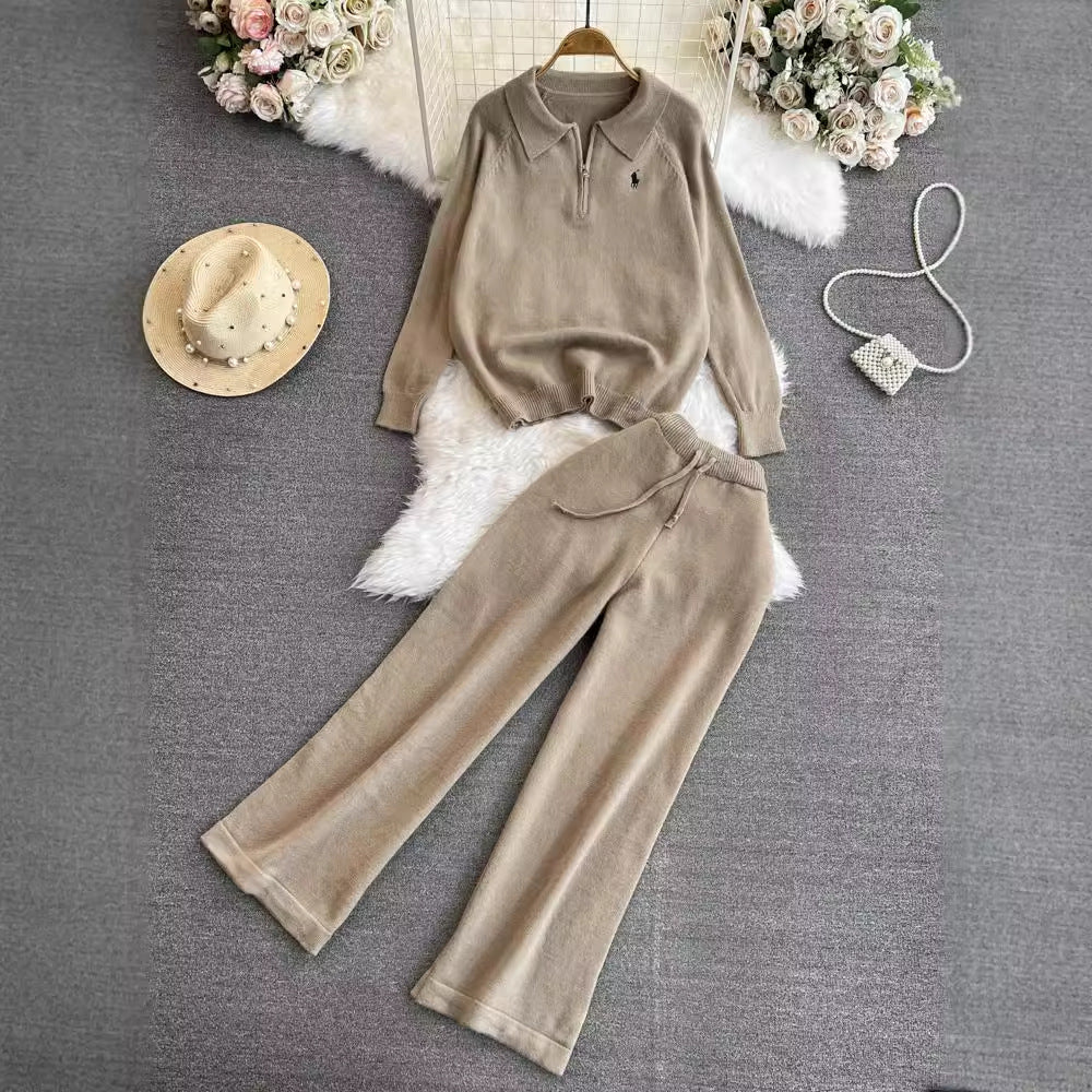 Fashionsuitfemalek-stylelong sleeves lapel looseknitting shirt sweatertwo-piece setcasualhigh waiststraight-legloose pants