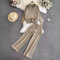 Fashionsuitfemalek-stylelong sleeves lapel looseknitting shirt sweatertwo-piece setcasualhigh waiststraight-legloose pants