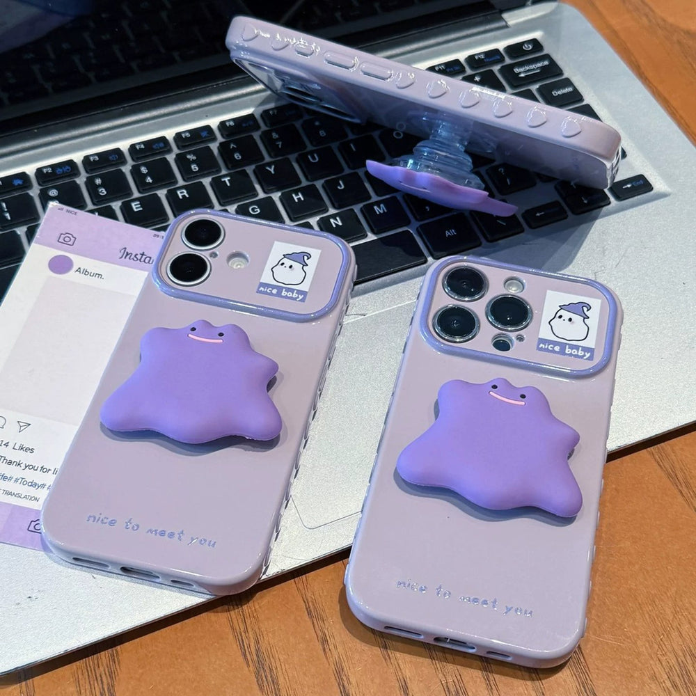 Suitable for iphone 18 purple little monster holder mobile phone case apple 17pro ghost sticker cute protective cover