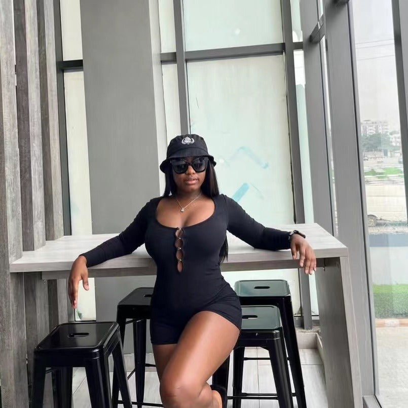 Solid color basic hollow slim-fitting long-sleeved jumpsuit women's European and American autumn new jumpsuit  Independent Station