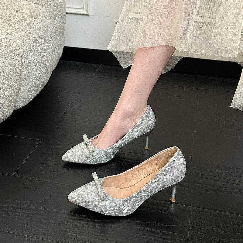 Plus size stiletto heels - 2026 new korean style bow detail - unique evening gown, party, and wedding shoes