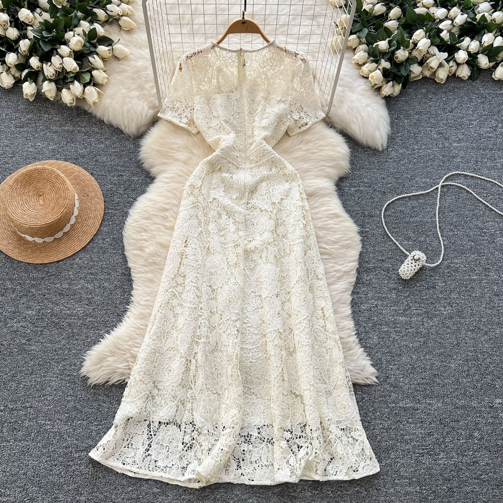 Elegant chanel-inspired, high-end, diamond-studded bow, short-sleeved, cinched-waist, openwork crochet lace dress, french-style maxi dress
