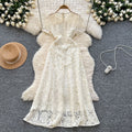 Elegant chanel-inspired, high-end, diamond-studded bow, short-sleeved, cinched-waist, openwork crochet lace dress, french-style maxi dress