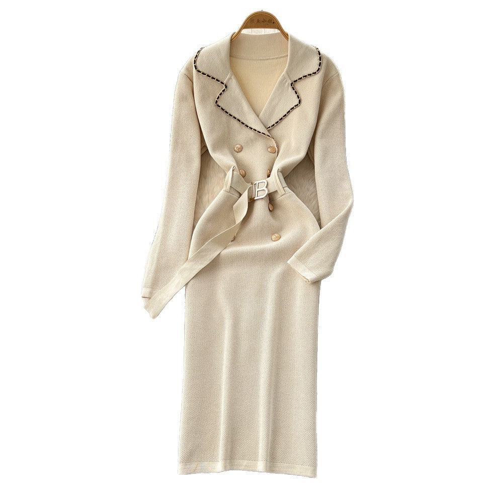 French chic color block double-breasted knit dress with tie waist and long sleeves - women's sweater maxi dress