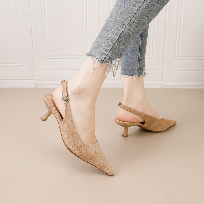 French pointed-toe stiletto sandals for women, 2026 new collection, suede open-back thong heels, versatile mid-heel, elegant and chic high heels