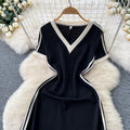 Frenchretro hepburn style little black dress for women, slightly fat, slimming look, retrocontrast colorv neck, short-sleeved, high waist, mid-length skirt