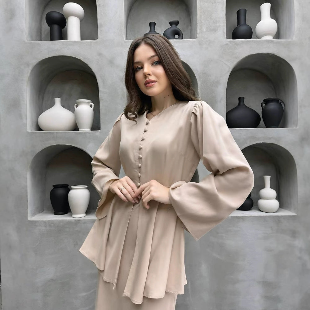 Cross-border spot women's clothing 2025 autumn new elegant temperament cardigan top solid color celebrity dress two-piece set